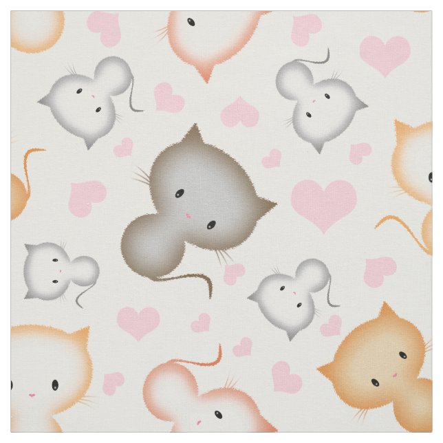 Cute Kitty Cats and Hearts Pattern Fabric (Swatch)
