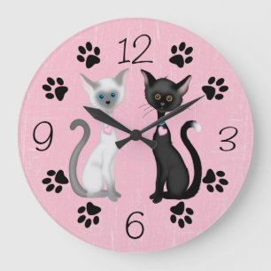 Cute Kitty Cats and Paw Prints ~ Black Pink White Large Clock