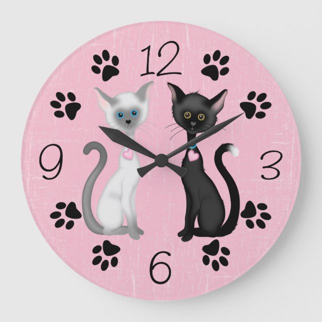Cute Kitty Cats and Paw Prints ~ Black Pink White Large Clock (Front)