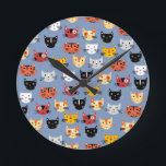 Cute Kitty Cats Fun Pattern Blue Round Clock<br><div class="desc">Lots of cute whimsical cat faces on a blue background.  Purrfect for pet lovers.</div>