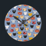 Cute Kitty Cats Fun Pattern Blue Round Clock<br><div class="desc">Lots of cute whimsical cat faces on a blue background.  Purrfect for pet lovers.</div>