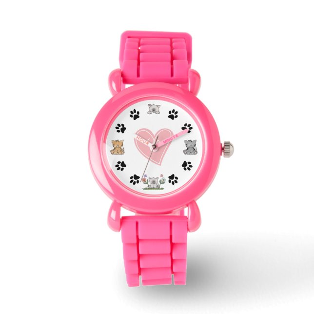 Cute Kitty Cats, Paw Prints and Pink Heart Watch (Front)