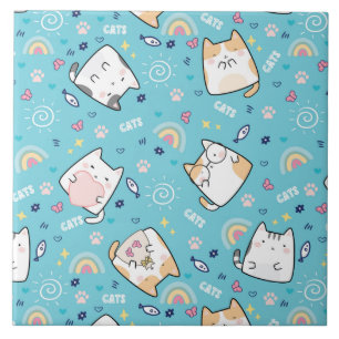 Cute Kitty Cats Whimsical Pattern Ceramic Tile