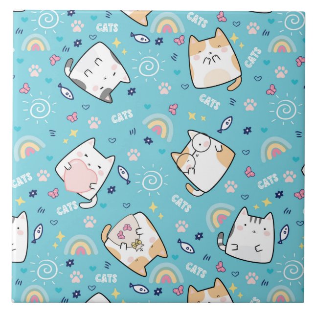 Cute Kitty Cats Whimsical Pattern Ceramic Tile (Front)