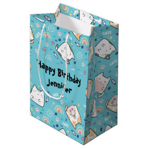 Cute Kitty Cats Whimsical Pattern Happy Birthday Medium Gift Bag