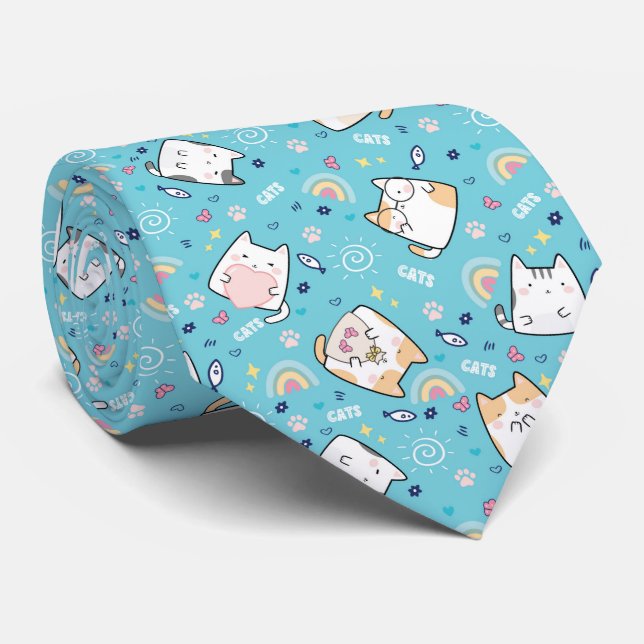 Cute Kitty Cats Whimsical Pattern Tie (Rolled)