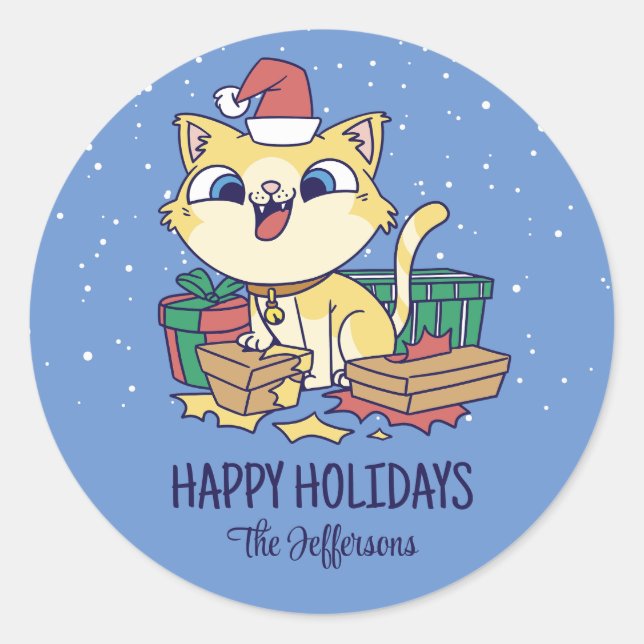 Cute Kitty Christmas Cat Snowy Winter Holiday Classic Round Sticker (Front)