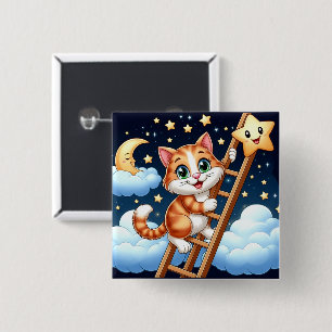 Cute Kitty Climbs Ladder to the Moon  15 Cm Square Badge