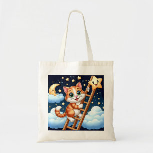 Cute Kitty Climbs Ladder to the Moon Tote Bag
