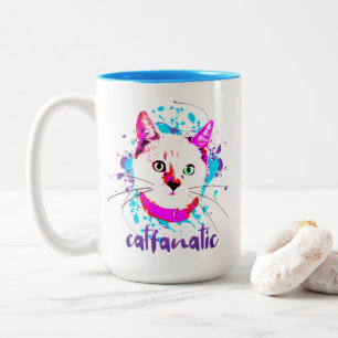 Cute Kitty Face Hot Pink Blue Cat Fanatic Two-Tone Coffee Mug