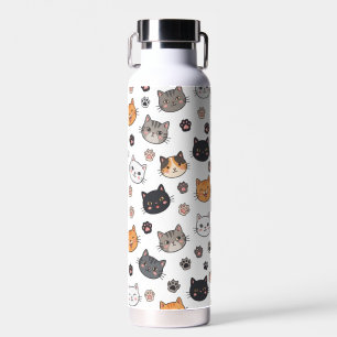 Cute Kitty Faces & Paw Prints Water Bottle