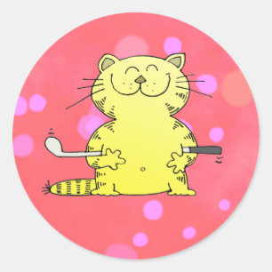 Cute Kitty Golfer Red Back Ground Classic Round Sticker