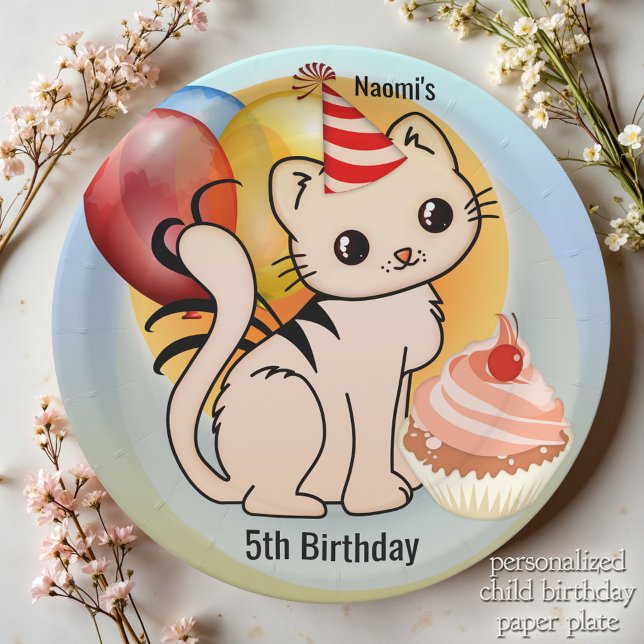 Cute Kitty Happy Child Birthday  Paper Plate (Cute kitty festive child birthday paper plates featuring a kitten with balloons and a cupcake. )