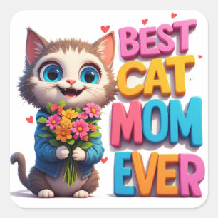 Cute Kitty Holding Flowers Cat Mum Gift 🐾 Square Sticker