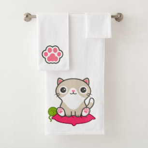 Cute Kitty Illustration Bath Towel Set
