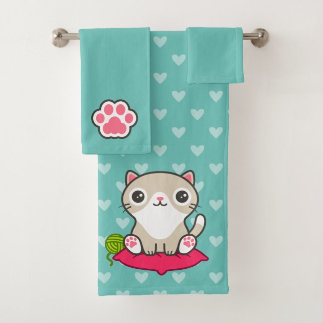 Cute Kitty Illustration Bath Towel Set (Insitu)