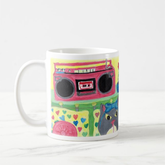 Cute Kitty in Bedroom Retro Art Coffee Mug (Left)