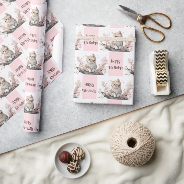 Cute Kitty In Pink Flowers  Wrapping Paper (Crafts)