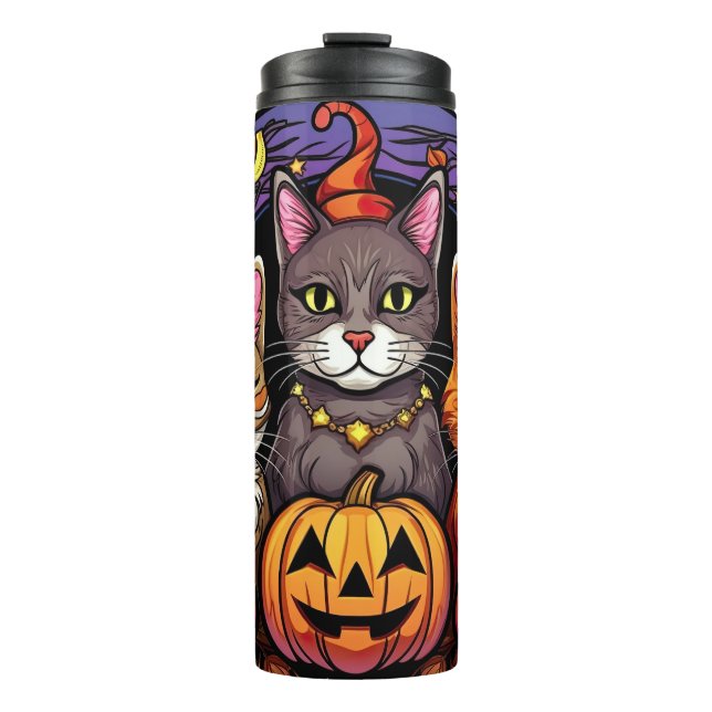 Cute Kitty & Jack-O'-Lantern Thermal Tumbler (Front)