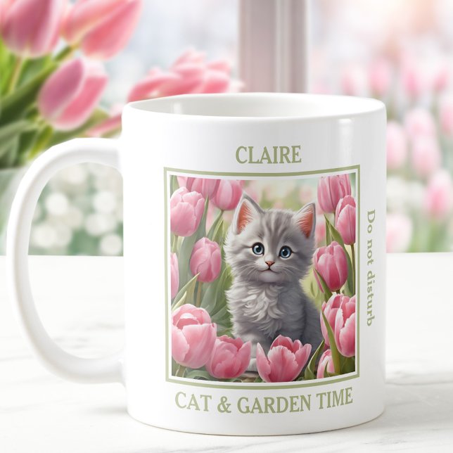 Cute Kitty Pink Tulips Cat Lover Name Spring Coffee Mug (Cute Kitty Pink Tulips Cat Lover Name Spring Coffee Mug)