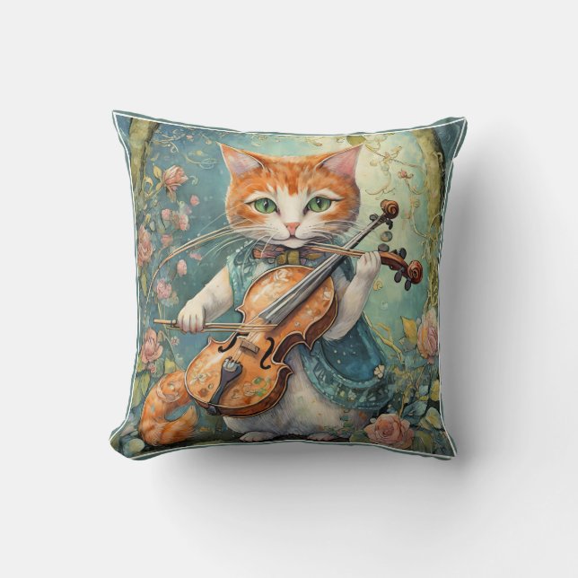 Cute Kitty Playing the Violin Cushion (Front)