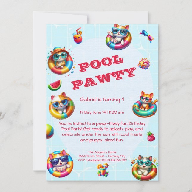 Cute Kitty Pool Party Birthday Invitation  (Front)