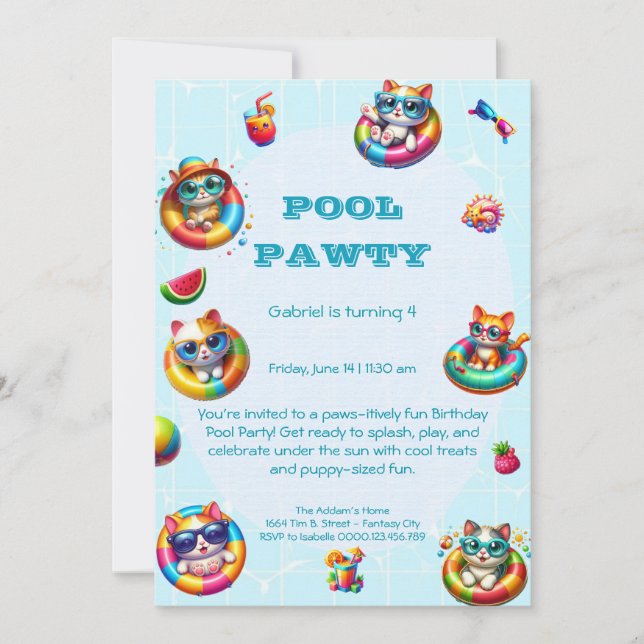 Cute Kitty Pool Party Birthday Invitation  (Front)