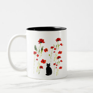 Cute Kitty Red Poppy Two-Tone Coffee Mug