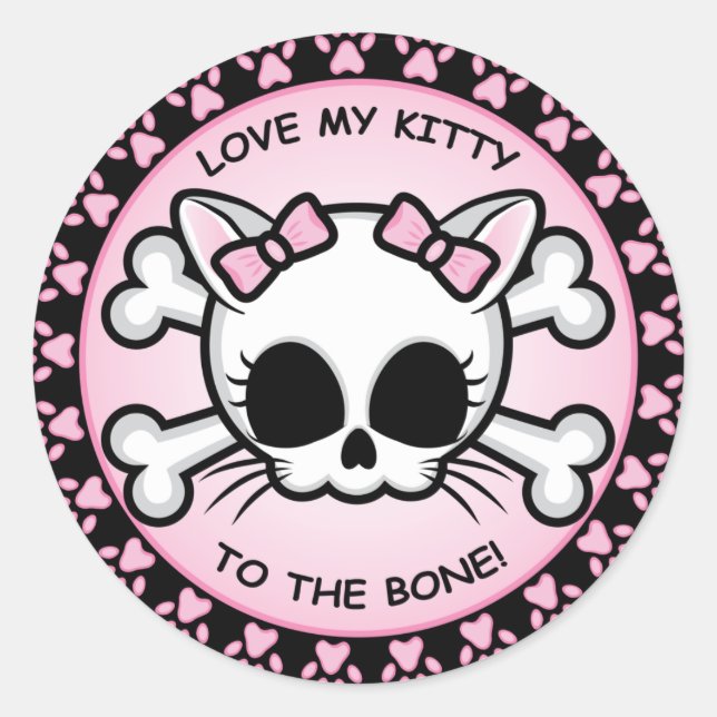 Cute Kitty Skull Classic Round Sticker (Front)