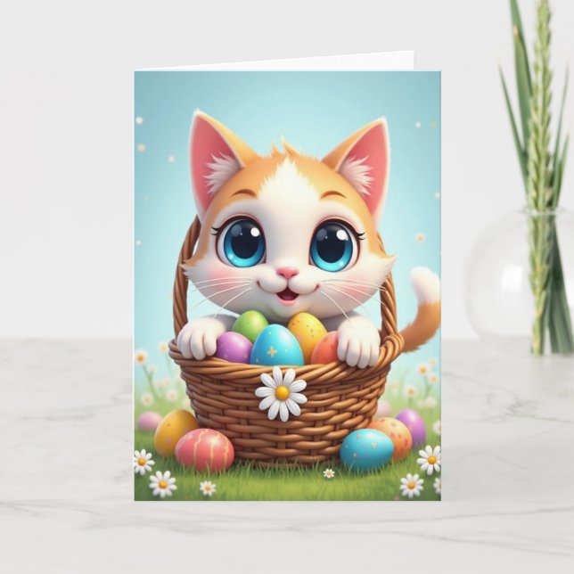 Cute Kitty Spring Eggs Basket Card (Front)