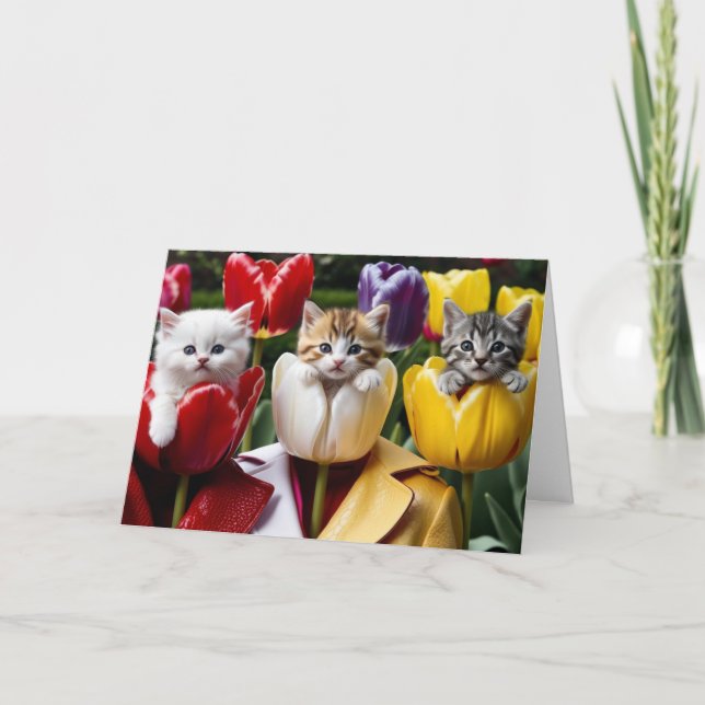 Cute Kitty Tulips Greeting Card (Front)