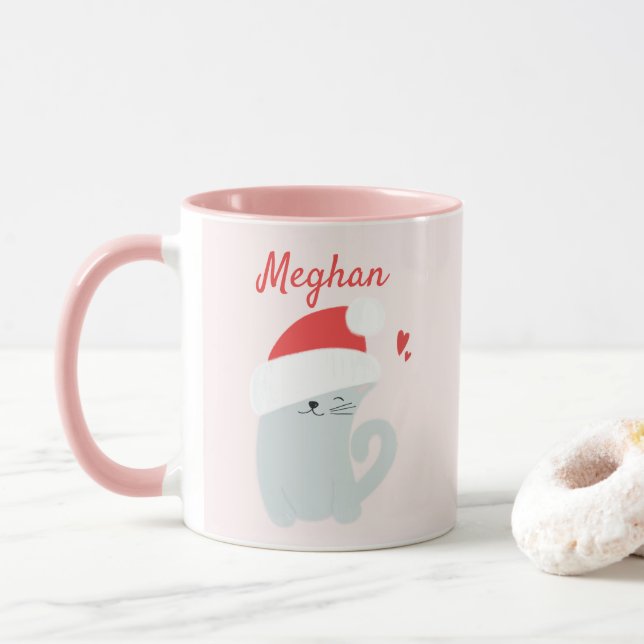 Cute Kitty with a Santa Hat  Custom Kids Christmas Mug (With Donut)