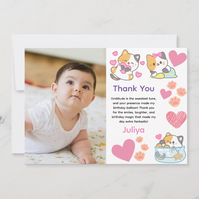 Cute kitty with baby girl photo birthday  thank you card (Front)
