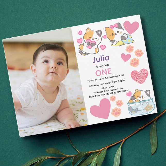 Cute kitty with baby photo girl birthday  invitation (Creator Uploaded)