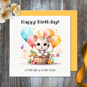 Cute Kitty with Balloons Happy Birthday Card