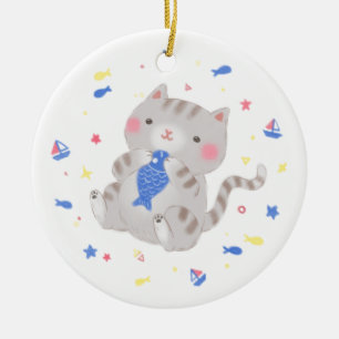 Cute Kitty with Fish in Summer Illustration Ceramic Ornament