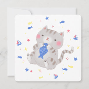 Cute Kitty with Fish in Summer Illustration Invitation