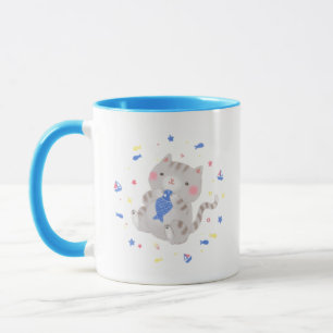Cute Kitty with Fish in Summer Illustration Mug
