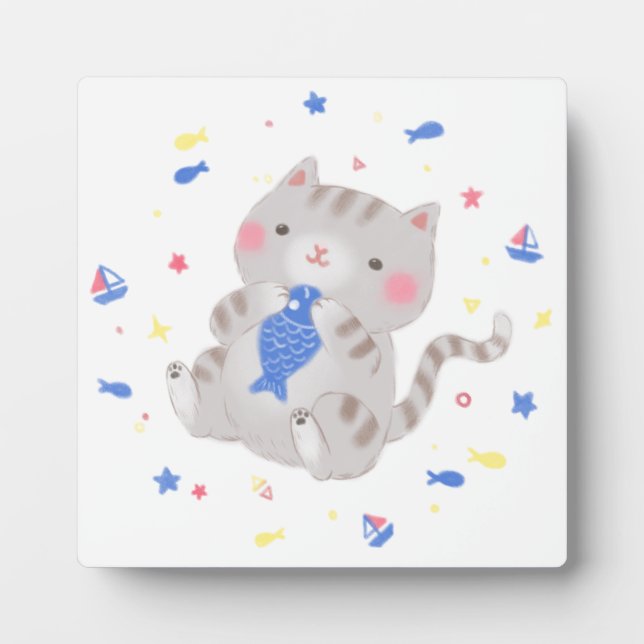 Cute Kitty with Fish in Summer Illustration Plaque (Front)