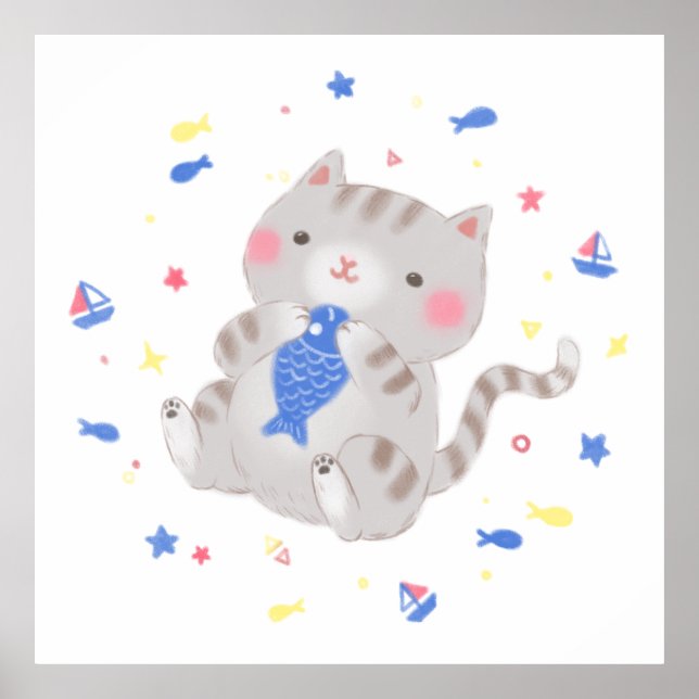 Cute Kitty with Fish in Summer Illustration Poster (Front)