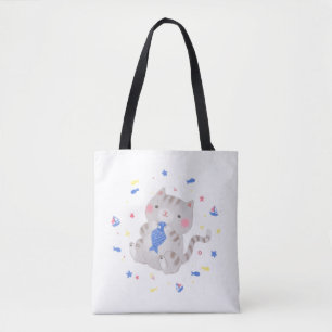 Cute Kitty with Fish in Summer Illustration Tote Bag