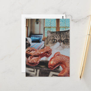 Cute Kitty With Lobster and Fish Collage Postcard