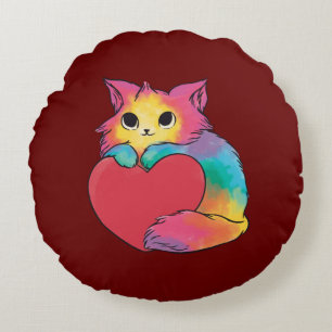 Cute Kitty with Red Heart Round Cushion
