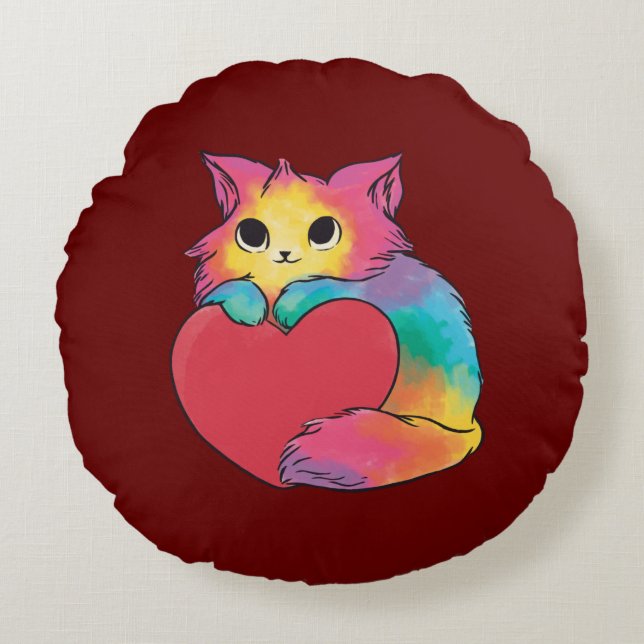 Cute Kitty with Red Heart Round Cushion (Front)