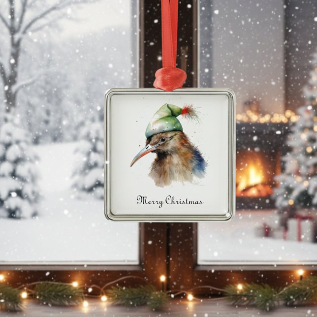 Cute Kiwi Bird in Christmas Elf Hat, custom Metal Ornament (Creator Uploaded)