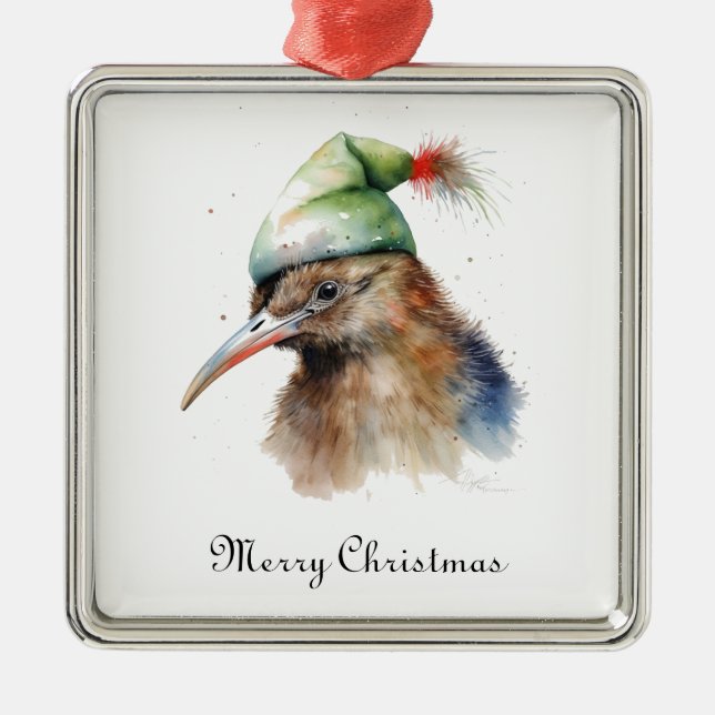 Cute Kiwi Bird in Christmas Elf Hat, custom Metal Ornament (Front)
