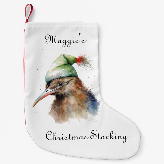 Cute Kiwi Bird in Christmas Elf Hat, custom Small Christmas Stocking (Front)