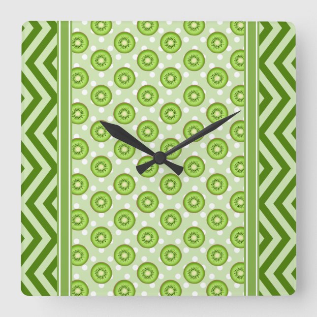 Cute Kiwi Slices Polka Dot & Chevron Green Square Wall Clock (Front)