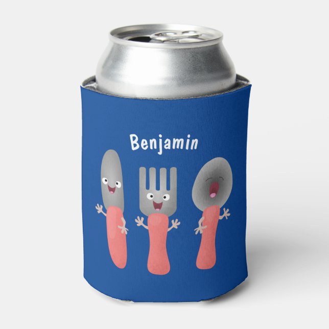 Cute knife fork and spoon cutlery cartoon can cooler (Can Front)