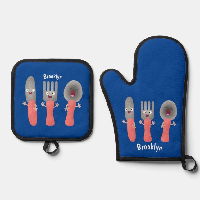 Cute knife fork and spoon cutlery cartoon oven mitt & pot holder set (Front)